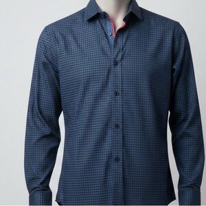 Men’s Bespoke Dark Blue Checkered Dress Shirt Large